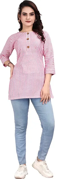 Attractive Pink Striped Cotton Linen Short Kurta For Women-thumb0