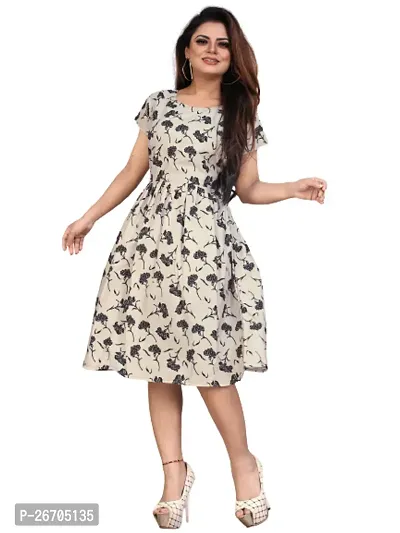 Stylish White Poly Crepe Printed A-Line Dress For Women-thumb0