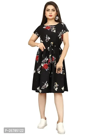 Stylish Black Poly Crepe Printed A-Line Dress For Women-thumb0