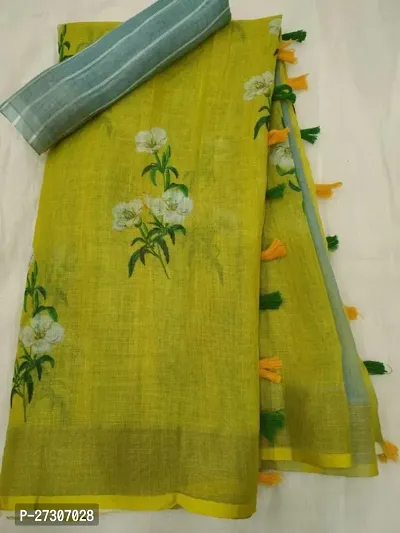 Fancy Linen Silk Printed Saree With Blouse Piece For Women-thumb0