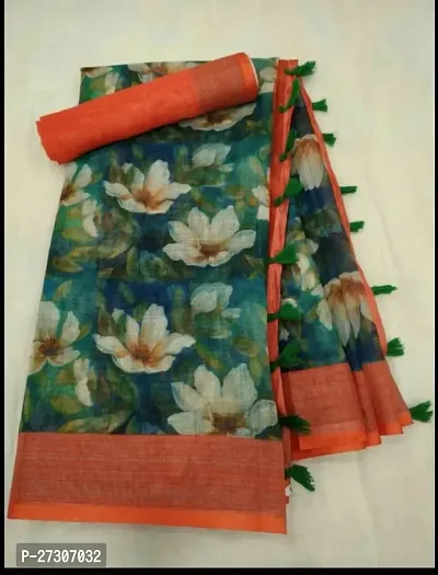 Fancy Linen Silk Printed Saree With Blouse Piece For Women