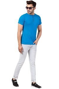 Men's Blue Cotton Solid Henley Tees-thumb2