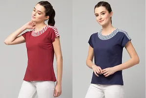 Solid Round Neck Navy Blue  Maroon Combo Women Top-thumb2