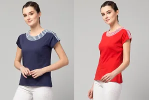 Solid Round Neck Navy Blue  Red Combo Women Top-thumb2