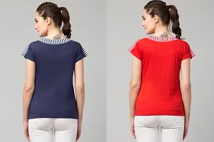 Solid Round Neck Navy Blue  Red Combo Women Top-thumb1