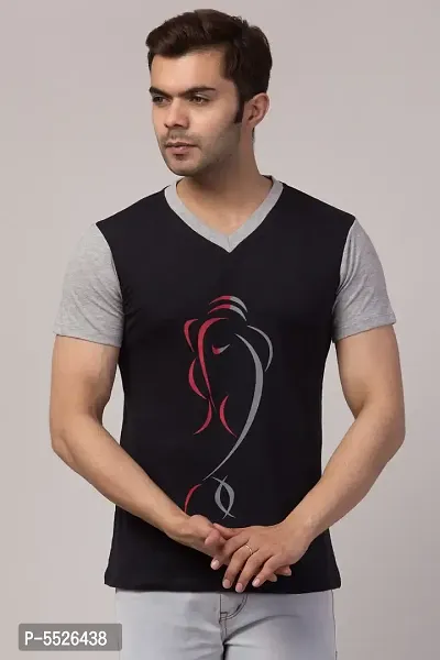 Men's Black Cotton Printed V Neck T-Shirt