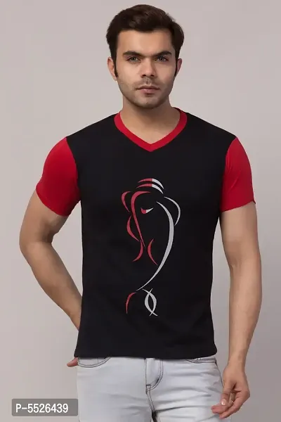 Men's Black Cotton Printed V Neck T-Shirt