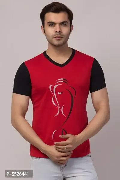 Men's Red Cotton Printed V Neck T-Shirt