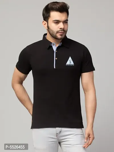 Men's Black Cotton Solid Polo T-Shirt