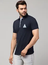 Men's Navy Blue Cotton Solid Polo T-Shirt-thumb2