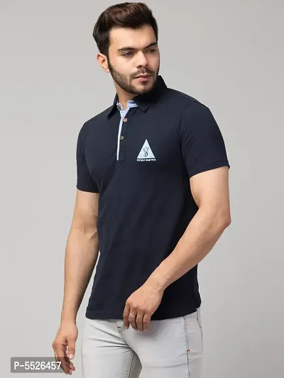 Men's Navy Blue Cotton Solid Polo T-Shirt-thumb3