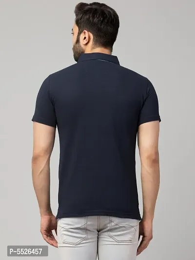 Men's Navy Blue Cotton Solid Polo T-Shirt-thumb2