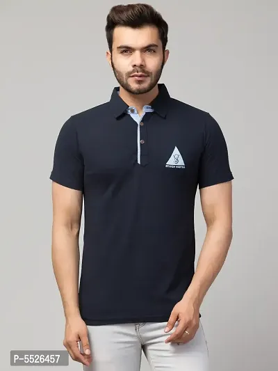 Men's Navy Blue Cotton Solid Polo T-Shirt-thumb0