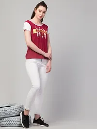 Stylish Maroon Short Sleeve Printed Round Neck T-shirt For Women-thumb2