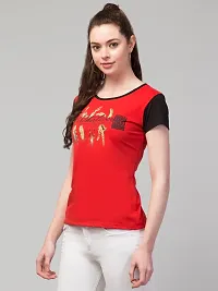 Stylish Red Cotton Printed Round Neck Tees For Women-thumb1