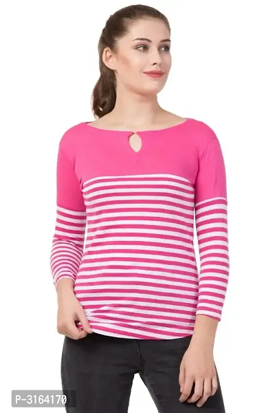 Striped 3/4 Sleeve, Round Neck with keyhole Trendy Women's T-Shirt-thumb0