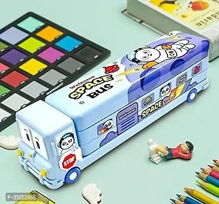 School Bus Pencil Box Geometry Box with Sharpener Cartoon Printed Dual Compartment Space Bus-thumb2