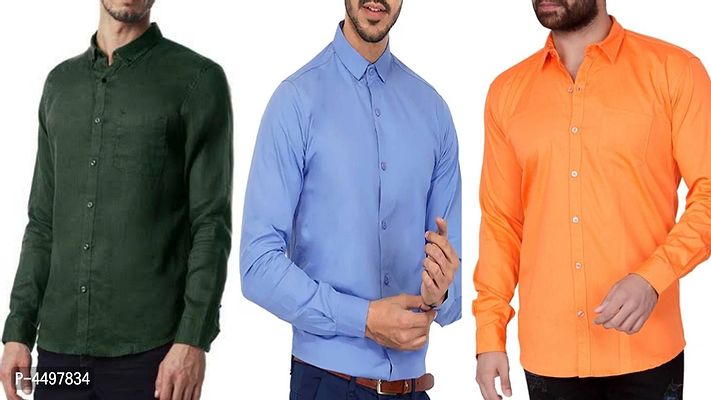 Men's Multicoloured Linen Solid Long Sleeve  Formal Shirt (Pack of 3)-thumb0