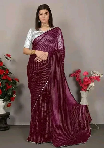 Vichitra Silk Silver Foil Striped Piping Border Sarees with Blouse Piece