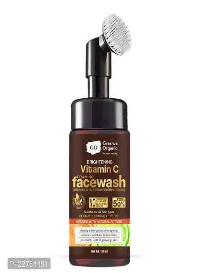 Grashva Organic Brightening Vitamin C Foaming Face Wash | Built in Brush for Deep Cleansing | All Skin Type | Glowing Bright Skin | Paraben  Sulphates Free | Face Wash for Women  Men | 100ml + 50ml