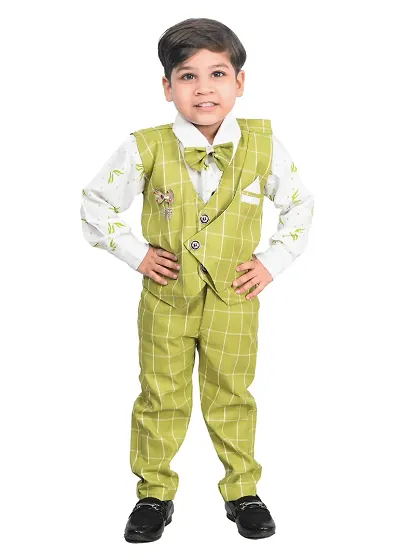 KIDZ AREA Boys Wedding Shirt, Waistcoat and Pant Set 640-GREEN CHECK-30(Pack of 1)