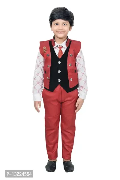 KIDZ AREA Premium Cotton Blend Casual Shirt, Waistcoat and Pant Set For Boyz Kidzarea BMW_Red-36