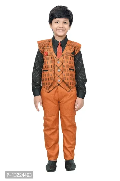 KIDZ AREA Premium Cotton Blend Casual Shirt, Waistcoat and Pant Set For Boyz Kidzarea 621 Embro. Orange-26