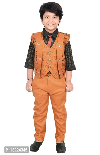 KIDZ AREA Premium Cotton Blend Casual Shirt, Waistcoat and Pant Set For Boyz Kidzarea 623_Orange-24