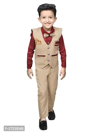 Stylish Beige Solid Shirt With Waistcoat and Pant Set For Boys-thumb0