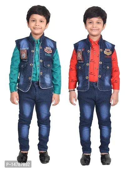Fabulous Cotton Printed Shirts with Jeans And Jackets For Boys- Set Of 2-thumb0