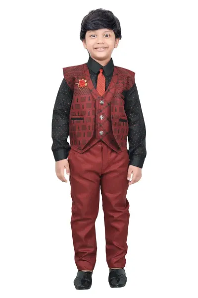 KIDZ AREA Casual Shirt, Waistcoat and Pant Set For Kids and Boys621-MAROON-24