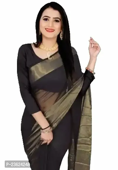 kepka Fashion Women's BeautifulZari Chiffon Light Weight solid Exclusive Saree With Unstitch Blouse Piece (black)-thumb0