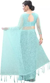 kepka Fashion Women's Net Fabric Embellished Aqua Blue solid Exclusive Saree-thumb1