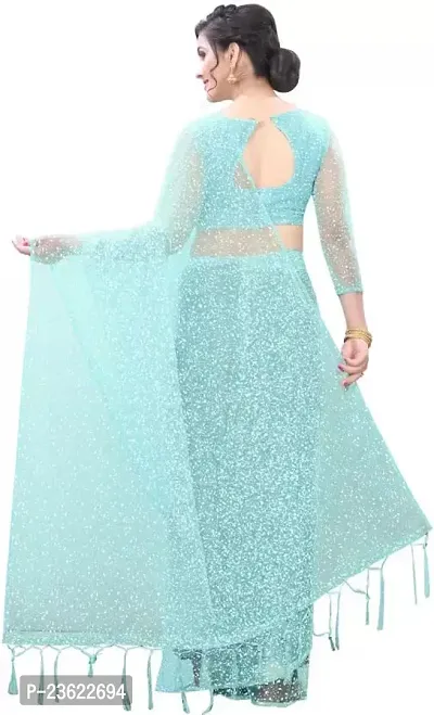 kepka Fashion Women's Net Fabric Embellished Aqua Blue solid Exclusive Saree-thumb2