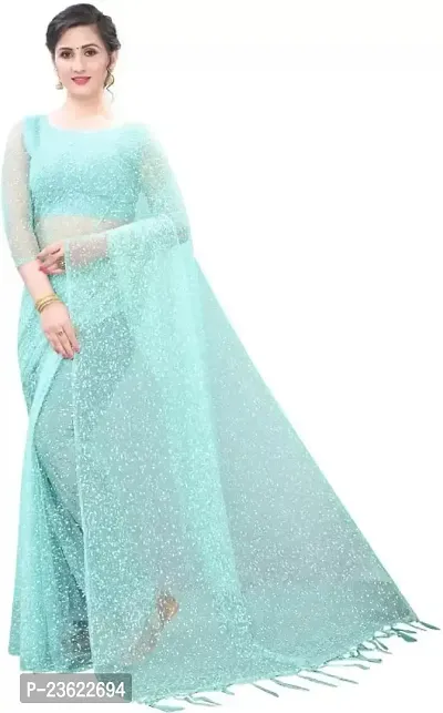 kepka Fashion Women's Net Fabric Embellished Aqua Blue solid Exclusive Saree-thumb0