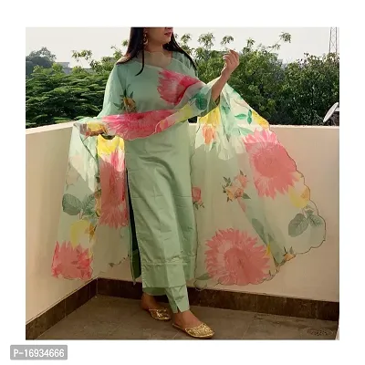 Elegant Mint Green Embellished Cotton Silk Kurta with Pant And Dupatta Set  For Women-thumb0