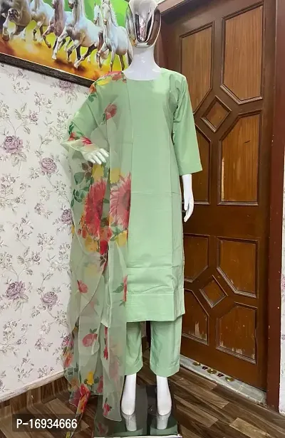 Elegant Mint Green Embellished Cotton Silk Kurta with Pant And Dupatta Set  For Women-thumb4