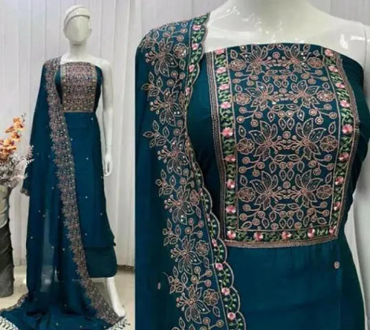 Fancy Tussar Silk Embroidered Dress Material with Dupatta