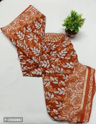 Elegant Brown Georgette Printed Saree With Blouse Piece For Women