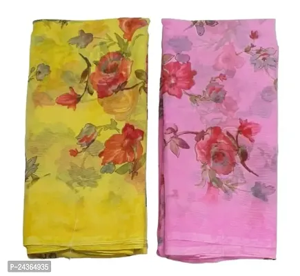 Women's Flowers Floral Pattern Printed Georgette Saree With Satin Border (Yellow  Pink)-thumb0