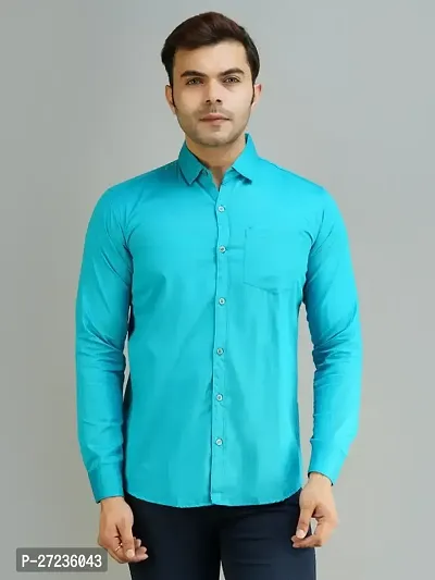 Reliable Turquoise Cotton Long Sleeves Solid Casual Shirt For Men-thumb0