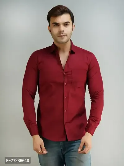 Reliable Maroon Cotton Long Sleeves Solid Casual Shirt For Men-thumb0