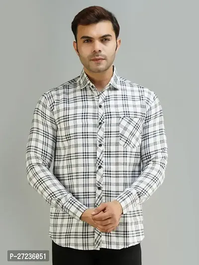 Reliable Off White Cotton Long Sleeves Checked Casual Shirt For Men-thumb0