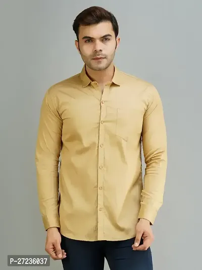 Reliable Beige Cotton Long Sleeves Solid Casual Shirt For Men-thumb0