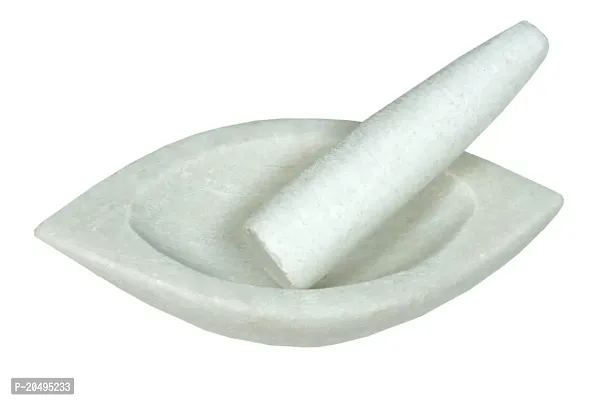Tulika Collections Marble Boat Shape Makrana Mortar and Pestle Set Medicine Herb Crusher/Imam Dasta/Mixer for Kitchen -7 Inch-thumb2