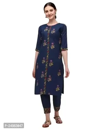 Fashions Jaipuri Cotton Printed Straight Kurta with Palazzos Set for Women-XL Blue