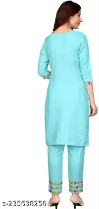 Women's Cotton Blend Printed Straight Kurta with Pant -Large (Blue)-thumb1