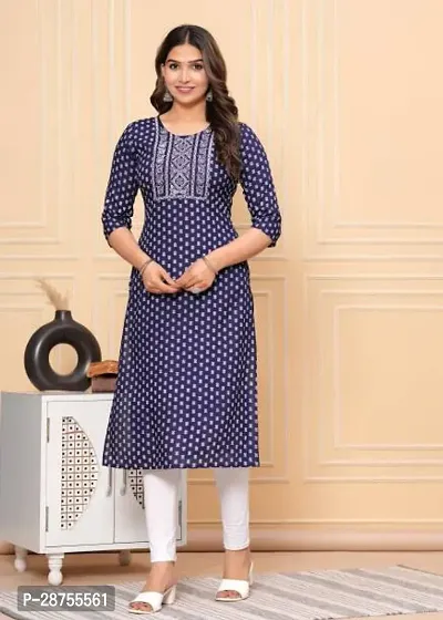 Attractive Navy Blue Printed Rayon Kurta For Women