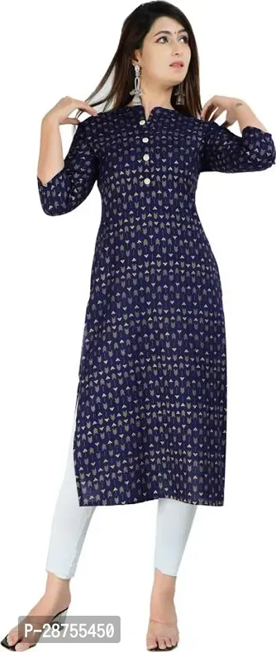 Attractive Navy Blue Printed Rayon Kurta For Women-thumb0