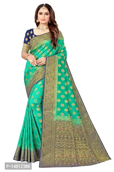 Stylish Nylon Silk Dark Green Zari Saree With Blouse Piece